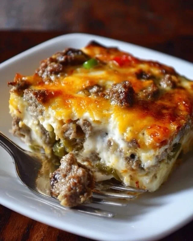 Low Carb Philly Cheesesteak Casserole topped with melted cheese and peppers