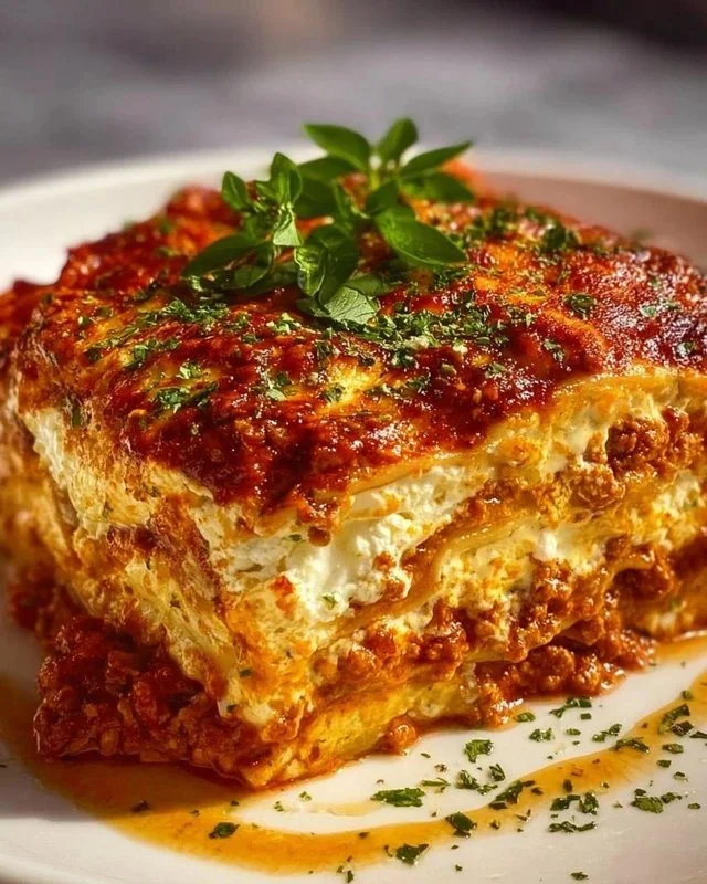 Maggiano's style lasagna with layers of cheese, meat, and marinara sauce