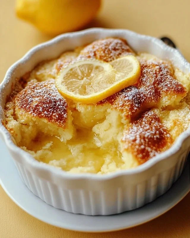 Delicious Magic Lemon Cobbler dessert served in a baking dish