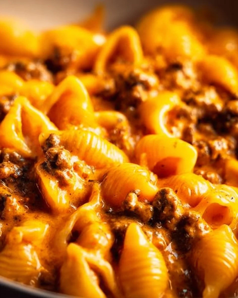 Delicious homemade Hamburger Helper with pasta and ground beef in a skillet