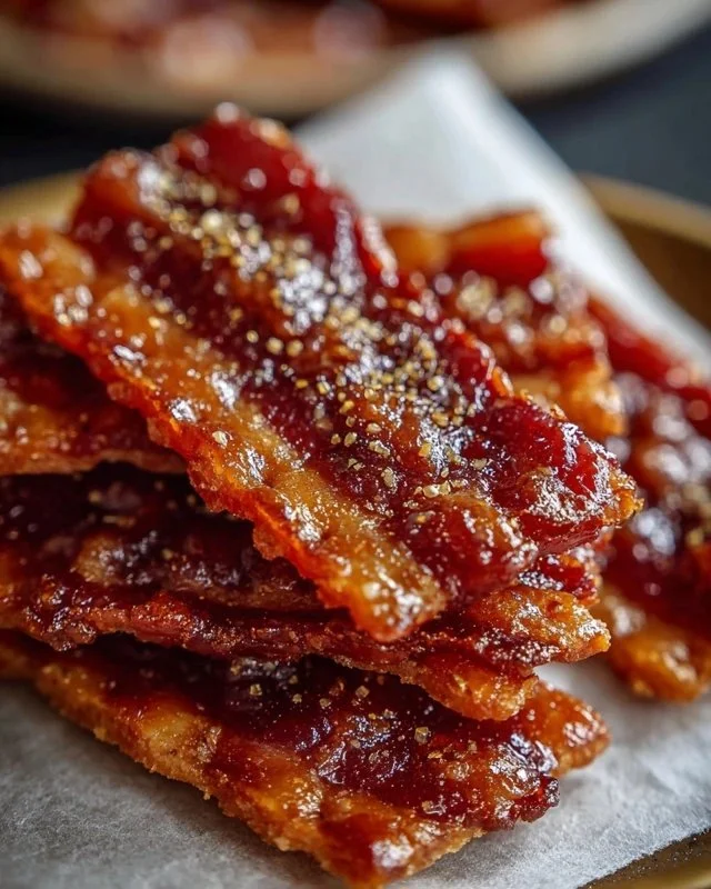 Maple candied bacon crackers served on a wooden platter