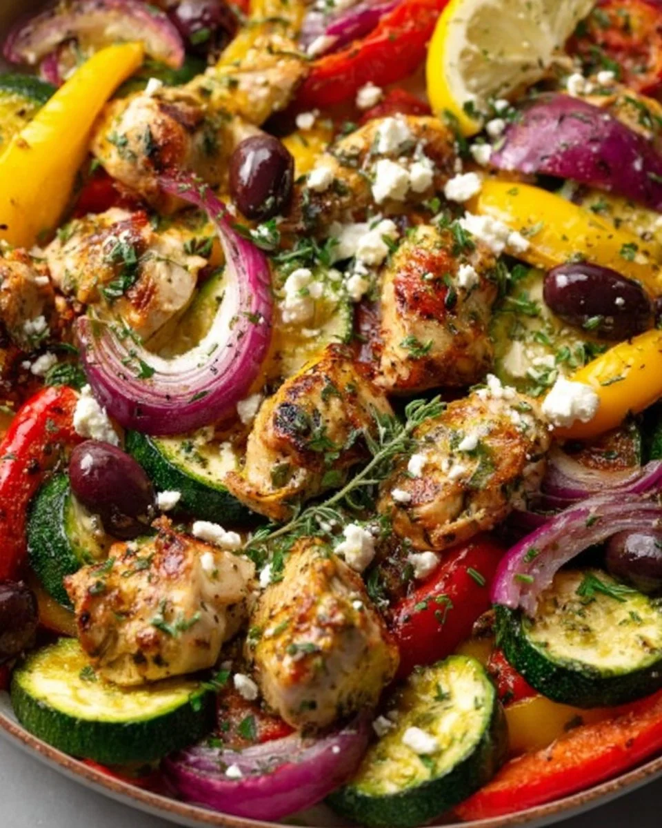 Mediterranean Chicken Stir Fry in a colorful skillet with fresh vegetables