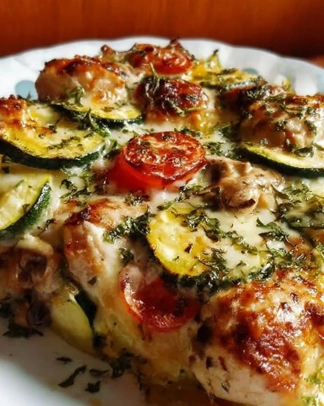Mediterranean Chicken Zucchini Bake topped with fresh herbs and spices