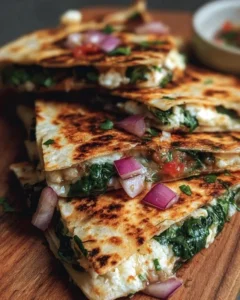 Mediterranean Quesadillas filled with spinach, feta, mozzarella, and red onion