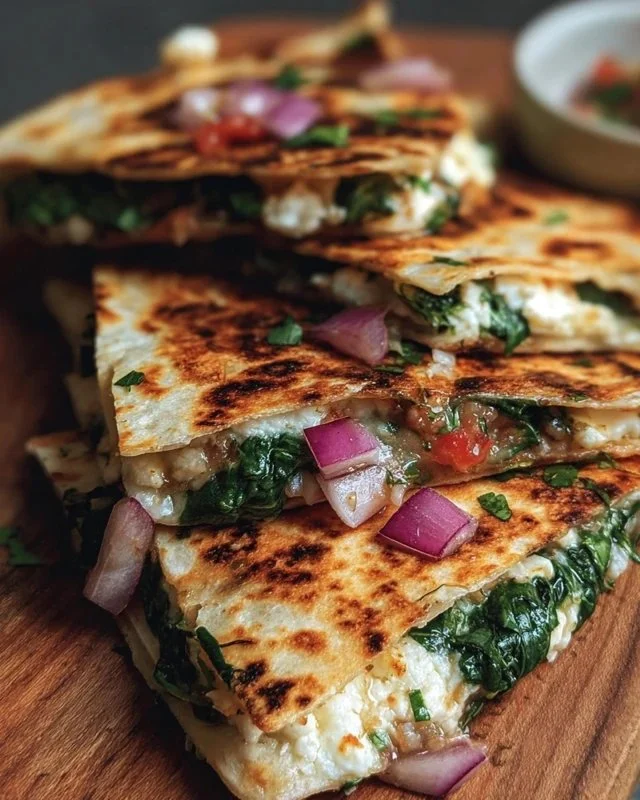 Mediterranean Quesadillas filled with spinach, feta, mozzarella, and red onion