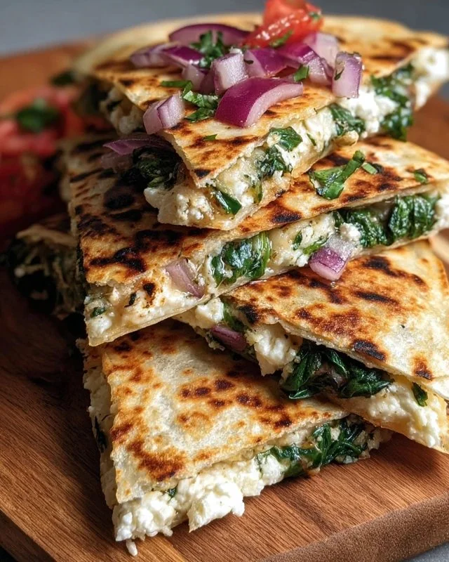 Mediterranean Quesadillas with Spinach, Feta, Mozzarella, and Red Onion