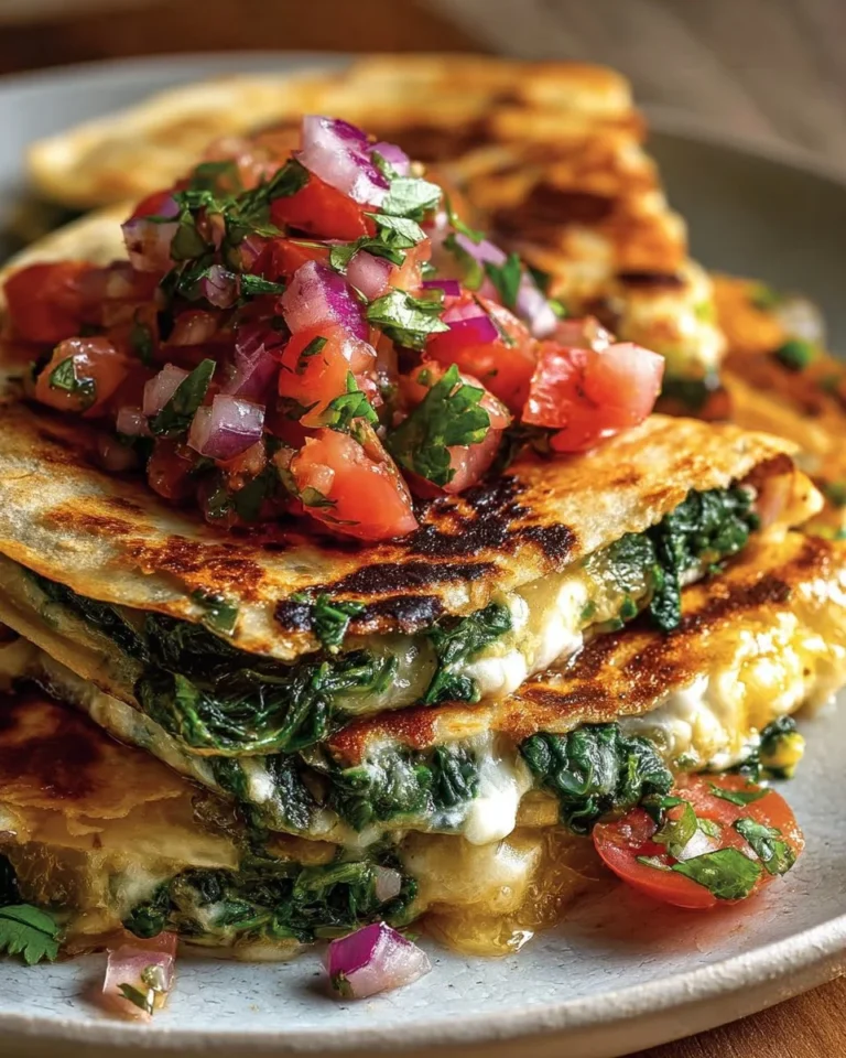Delicious Mediterranean Quesadillas with spinach, feta, mozzarella, and red onion on a plate.