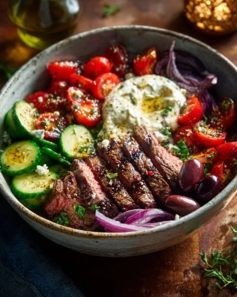 Mediterranean Steak Bowl with marinated steak, veggies, and dressing