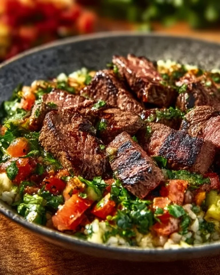 Mediterranean Steak Bowl filled with grilled steak, fresh vegetables, and flavorful dressing.