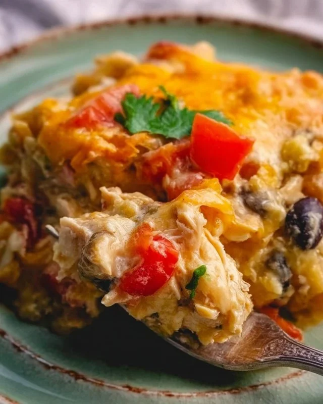 Delicious Mexican Chicken Casserole topped with cheese and fresh ingredients