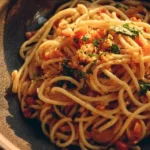 Plate of Midnight Pasta with fresh herbs and cheese