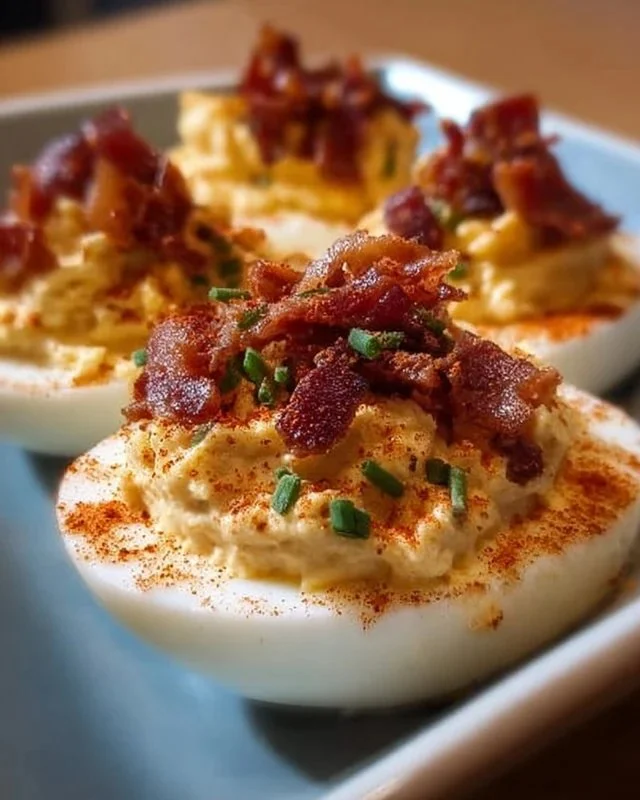 Delicious Million Dollar Bacon Deviled Eggs topped with crispy bacon