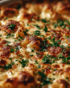 Delicious Million Dollar Baked Ziti topped with melted cheese and herbs.