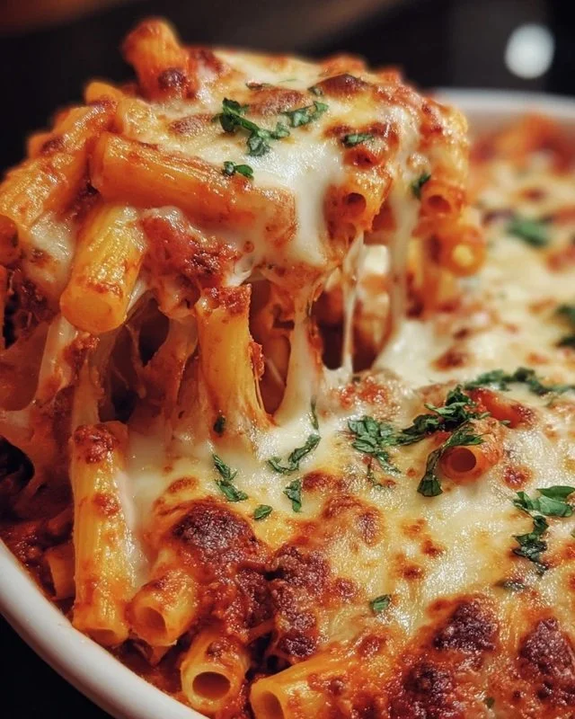 Delicious Million Dollar Baked Ziti with melted cheese and herbs in a baking dish.