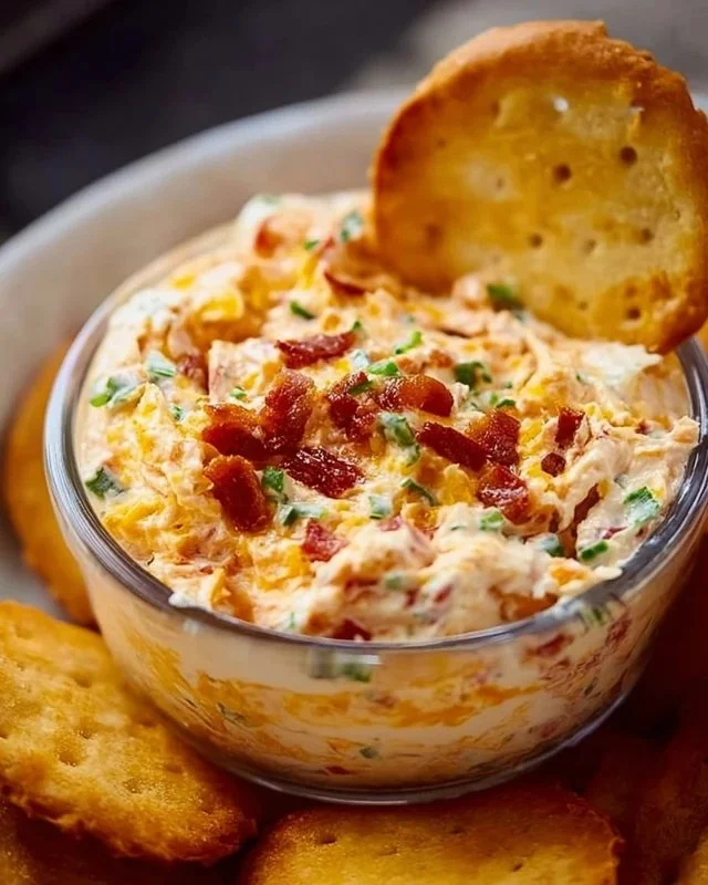 A bowl of creamy Million Dollar Dip served with crackers and veggies