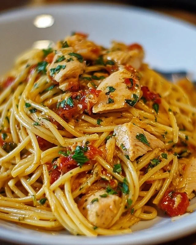 Plate of Monterey Chicken Spaghetti garnished with herbs