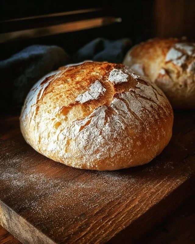 Two freshly baked loaves of my mother's peasant bread on a wooden table