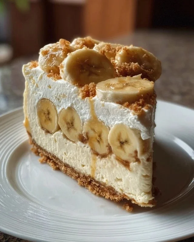 No-bake banana pudding cheesecake cake topped with whipped cream and banana slices