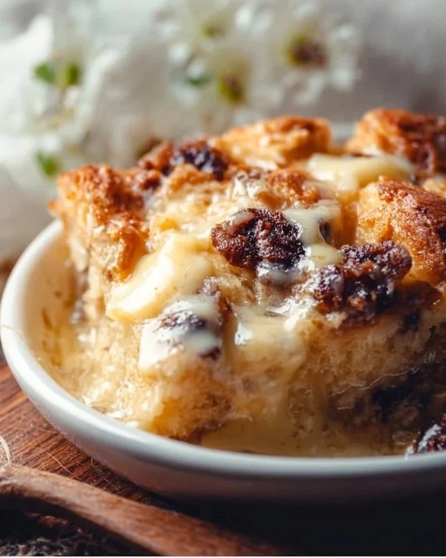 Delicious old fashioned bread pudding served in a bowl with a caramel drizzle.