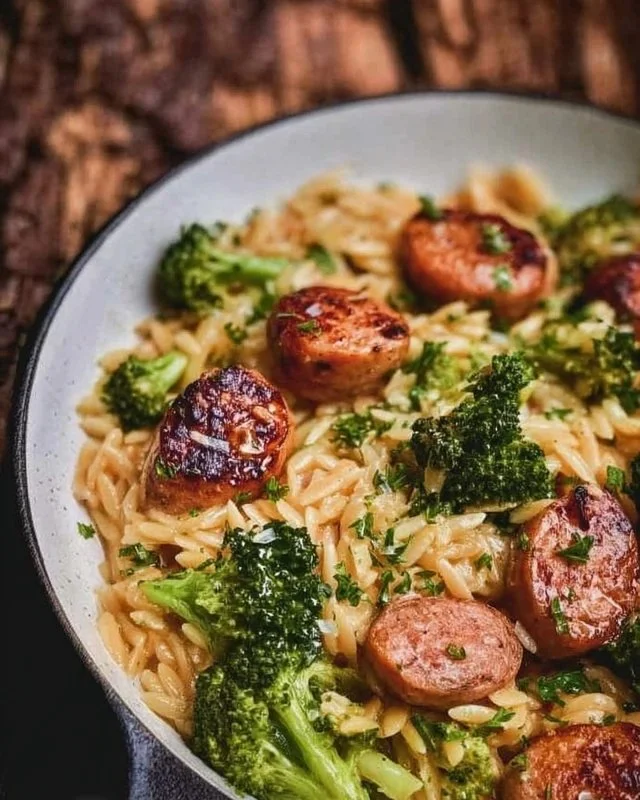 One-Pan Creamy Orzo with Chicken Sausage and Broccoli dish