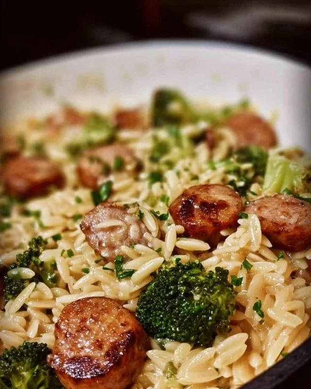 One-Pan Creamy Orzo with Chicken Sausage and Broccoli