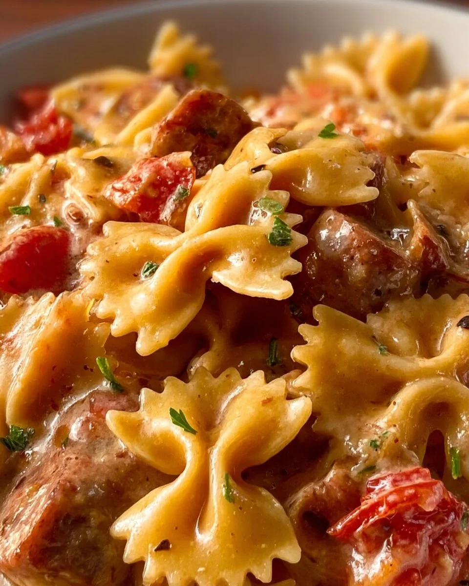 One Pot Creamy Cajun Sausage Pasta served in a bowl with herbs and spices