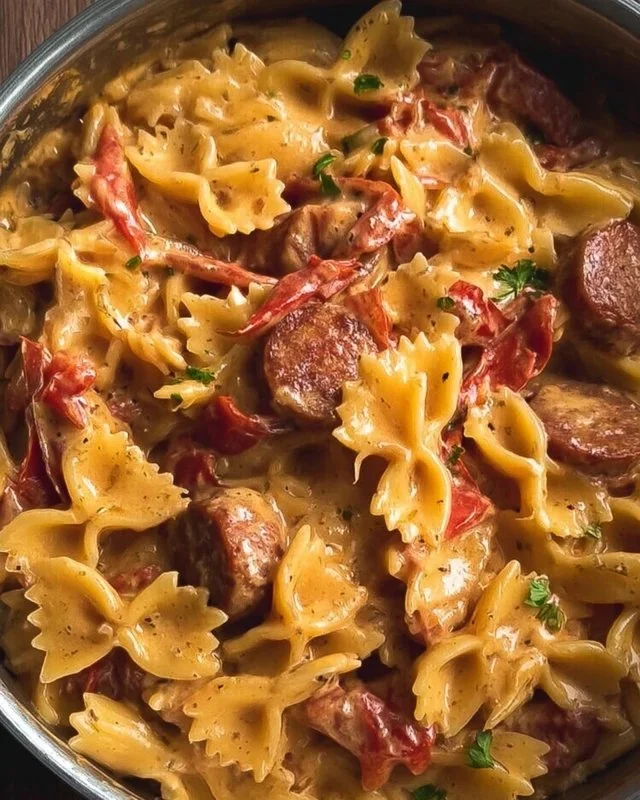 One pot creamy Cajun sausage pasta with colorful ingredients and creamy sauce