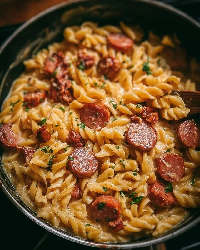Delicious one pot kielbasa pasta dish with colorful vegetables and herbs