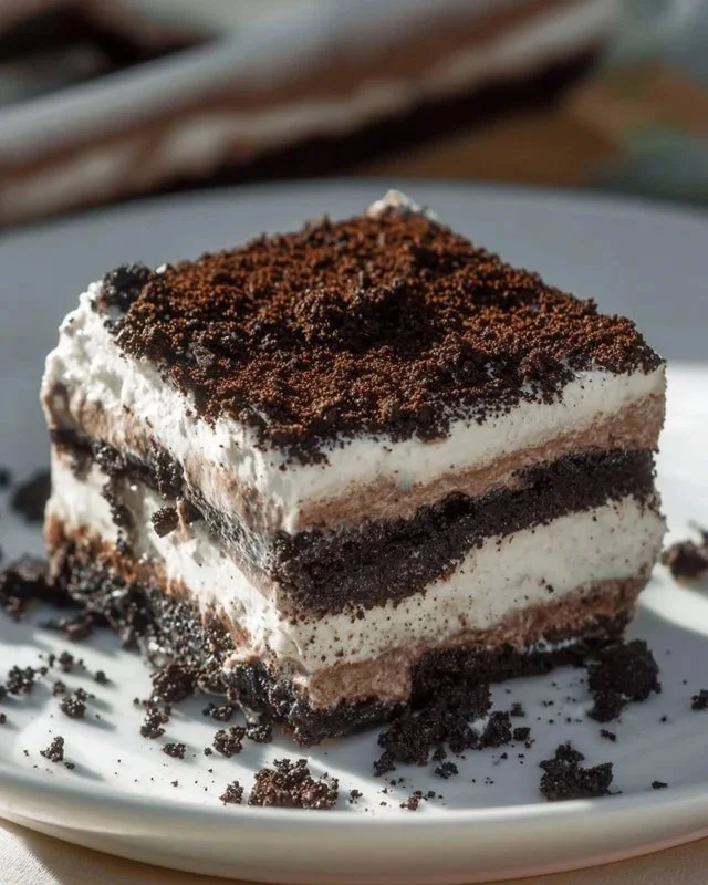 Delicious Oreo Lasagna dessert with layers of cookies and cream