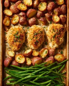 Parmesan Crusted Chicken on a sheet pan with vegetables