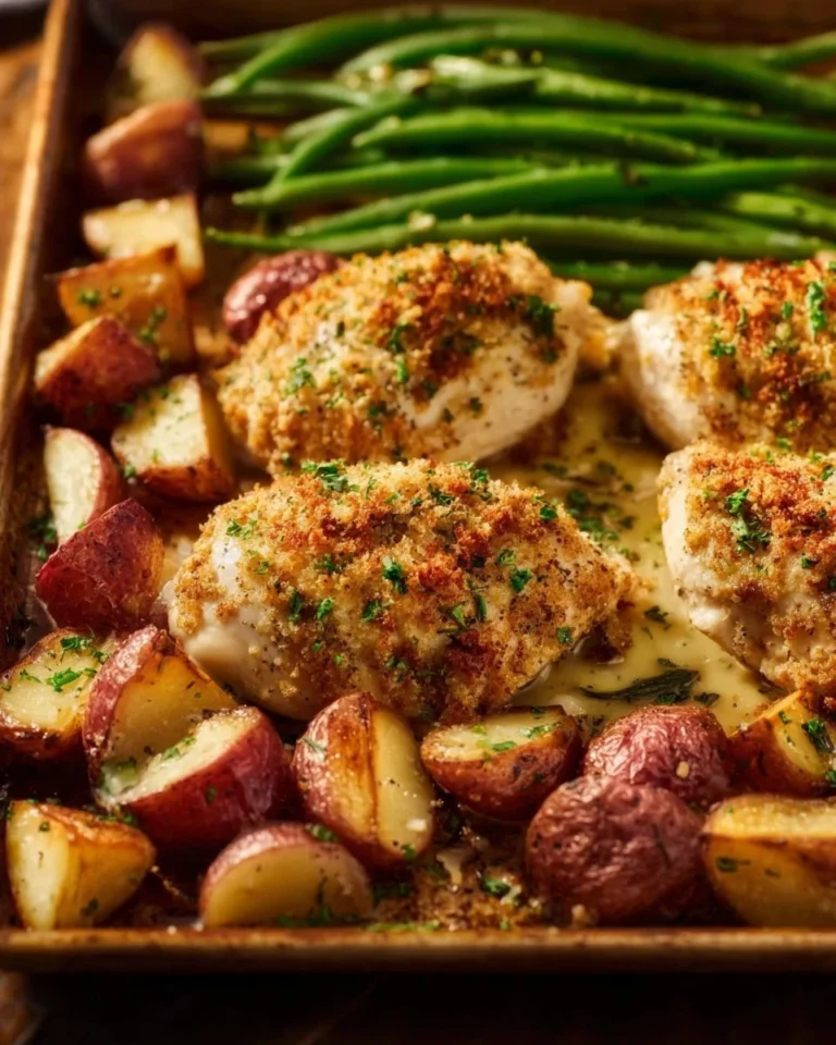 Parmesan crusted chicken with vegetables on a sheet pan for a convenient dinner
