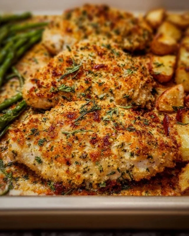 Parmesan Crusted Chicken Sheet Pan Dinner with vegetables on a baking tray