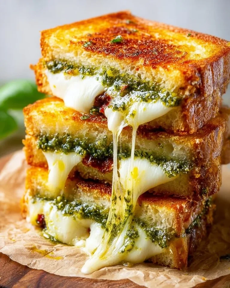 Delicious pesto grilled cheese sandwich with melted cheese and fresh basil