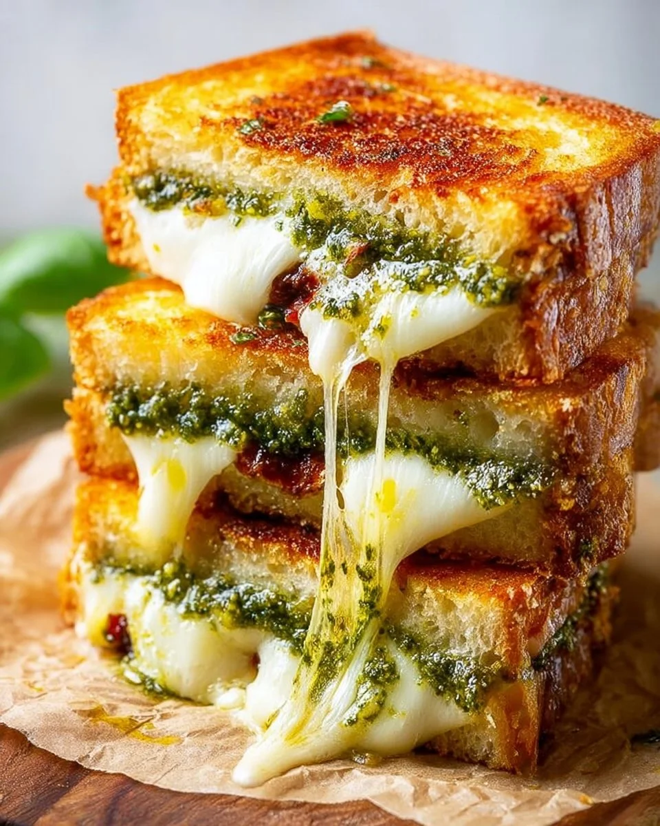 Delicious pesto grilled cheese sandwich with melted cheese and fresh basil