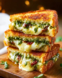 Pesto grilled cheese sandwich with melted cheese and fresh basil pesto.