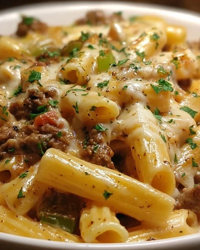 Delicious Philly cheesesteak pasta dish topped with cheesy goodness.