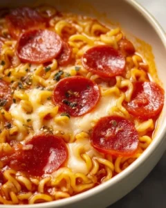 A bowl of Pizza Ramen topped with cheese, pepperoni, and vegetables.