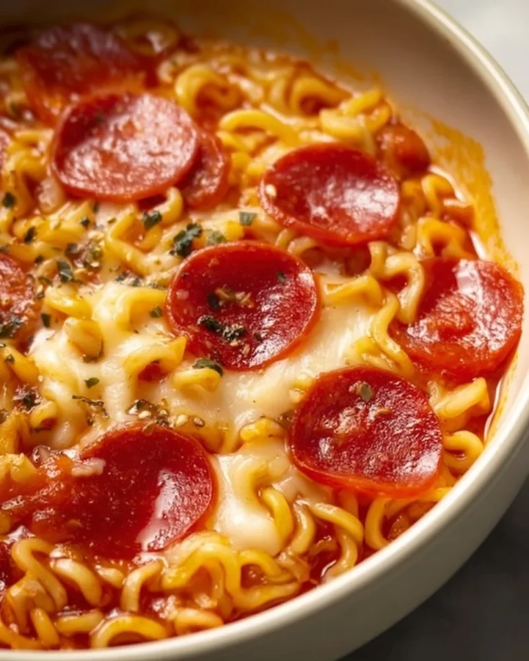 A bowl of Pizza Ramen topped with cheese, pepperoni, and vegetables.
