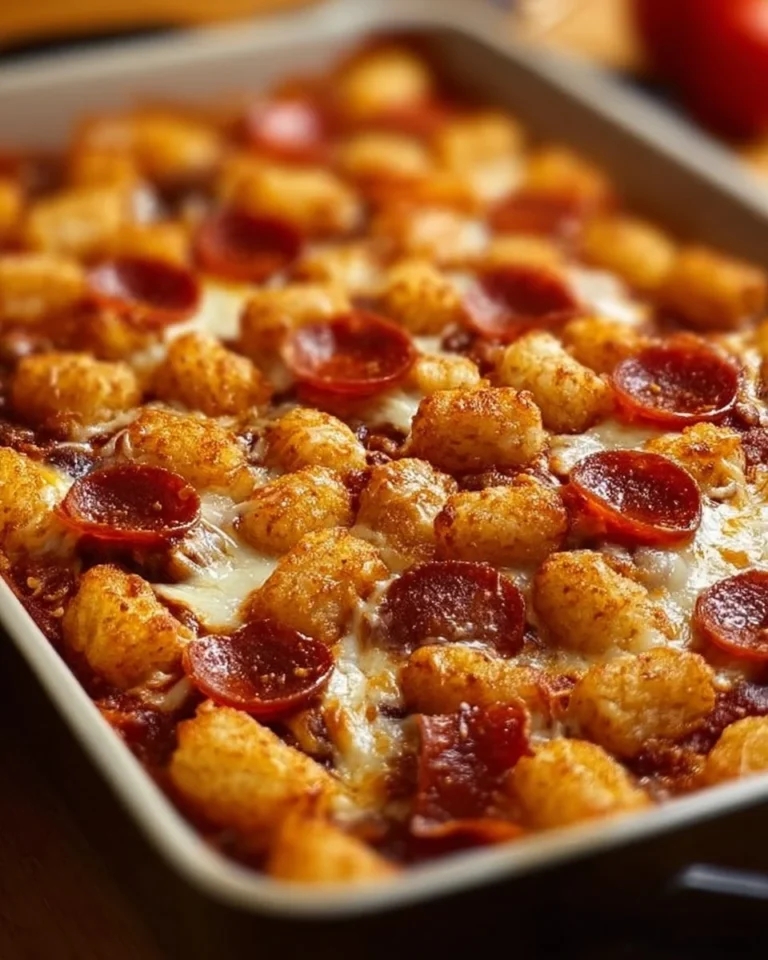Delicious Pizza Tot Casserole served in a baking dish