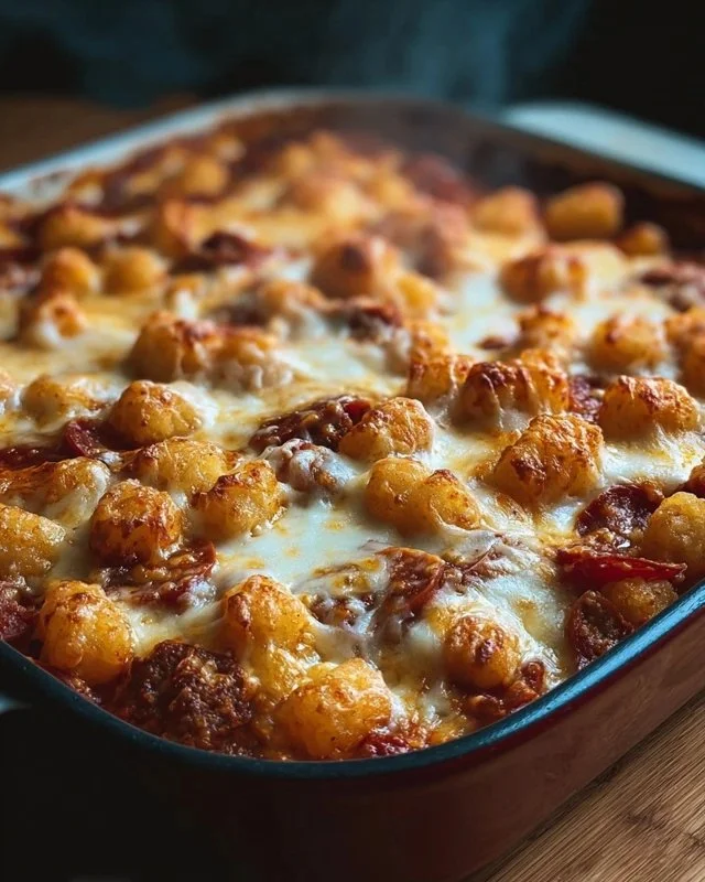 Delicious Pizza Tot Casserole topped with melted cheese and pepperoni