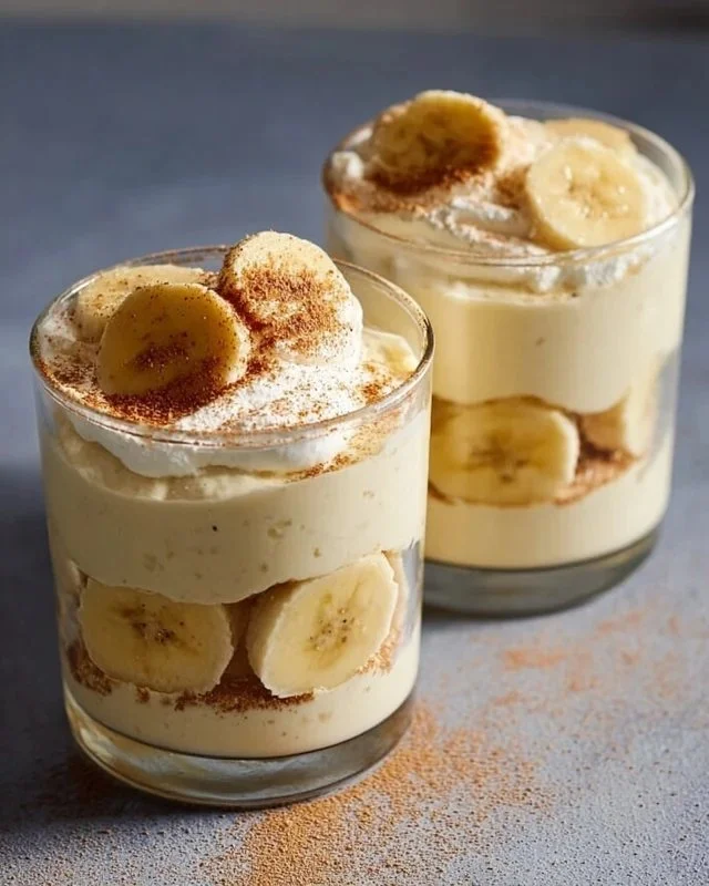 Protein Banana Pudding served in a bowl with banana slices on top