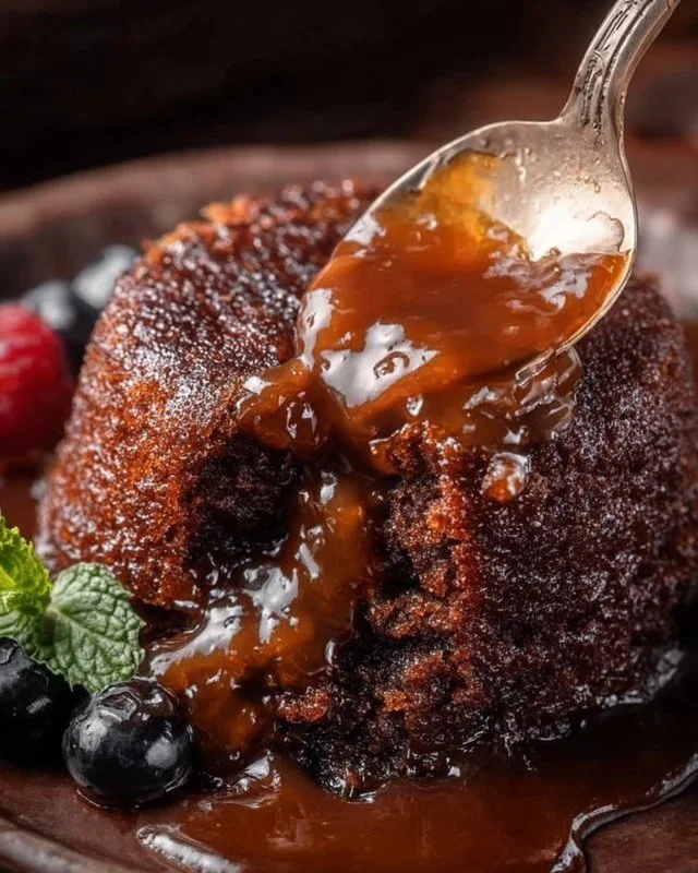 Delicious homemade pudding cake served with a vanilla sauce