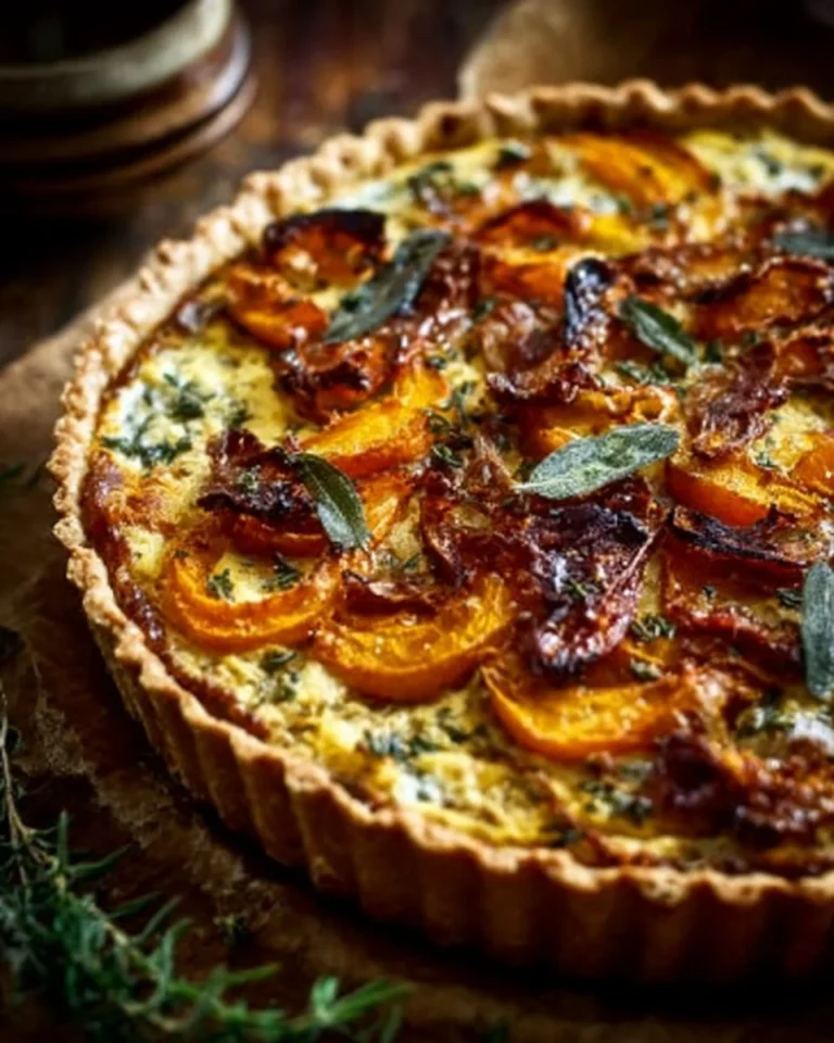 Savory Pumpkin Ricotta and Caramelized Onion Tart on a wooden table