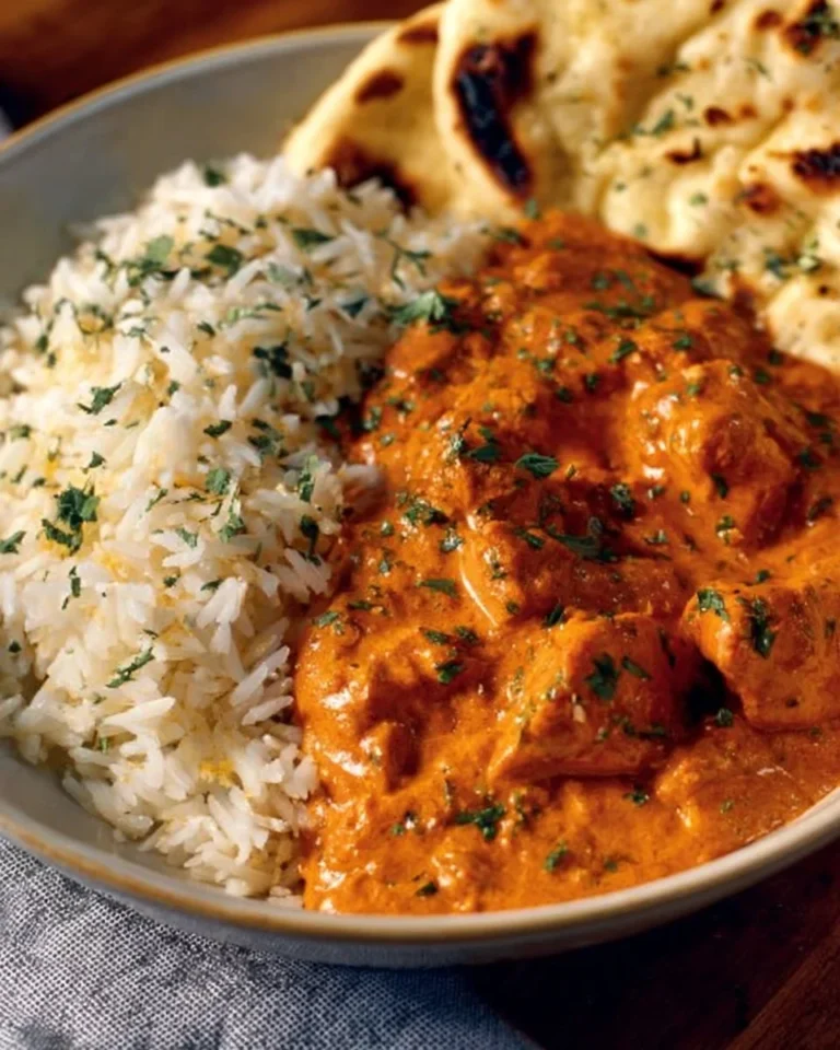 Delicious homemade butter chicken served with rice and naan, showcasing vibrant spices.