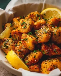 Quick lemon garlic chicken bites served on a plate with fresh herbs.