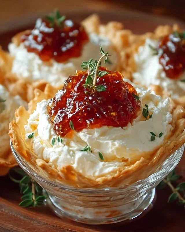 Cream cheese and pepper jelly dip served as an appetizer in a bowl
