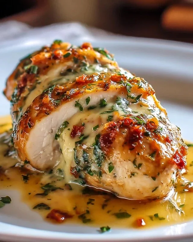Ruth's Chris stuffed chicken copycat recipe displaying delicious stuffed chicken dish.