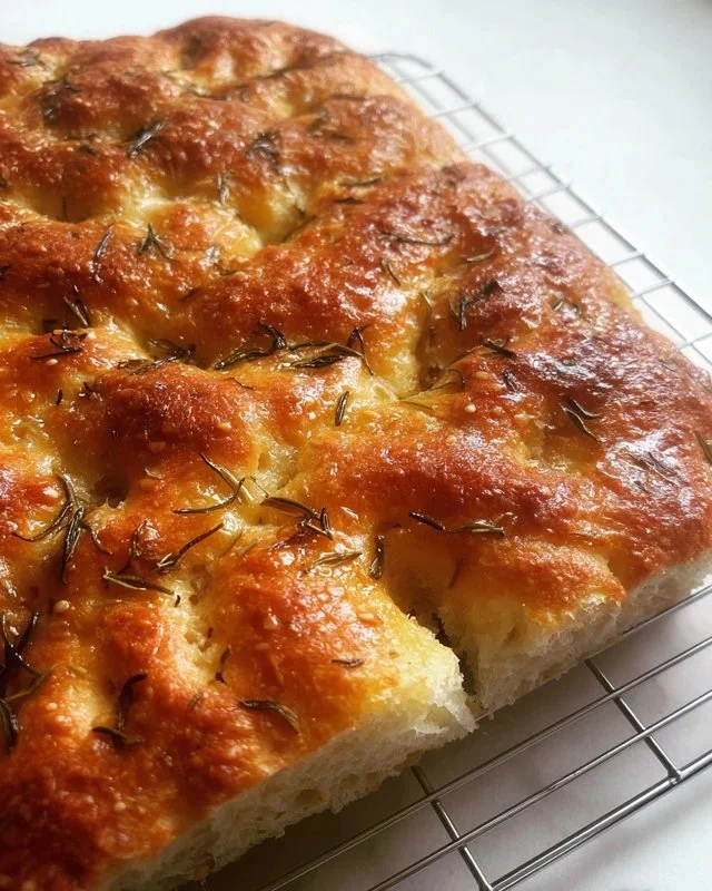 Freshly baked same-day focaccia bread with herbs and olive oil