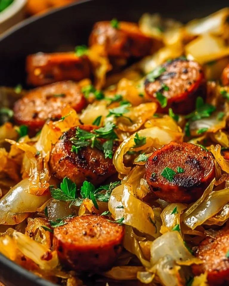 Sausage and cabbage stir fry in a skillet, ready to serve.