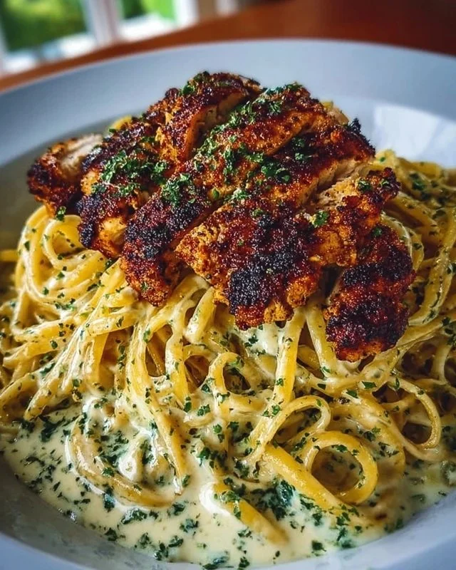 Plate of Cajun Chicken with creamy garlic parmesan linguine, garnished and ready to serve.